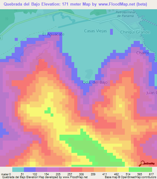 Quebrada del Bajo,Panama Elevation Map