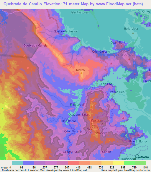 Quebrada de Camilo,Panama Elevation Map