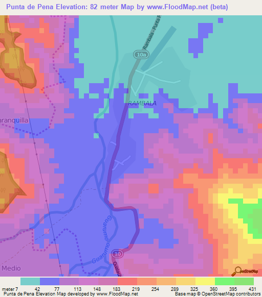 Punta de Pena,Panama Elevation Map