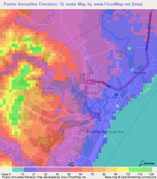 Puerto Armuelles,Panama Elevation Map