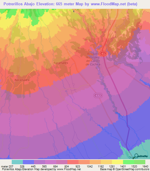 Potrerillos Abajo,Panama Elevation Map
