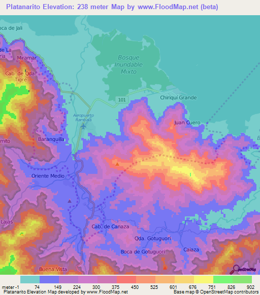 Platanarito,Panama Elevation Map