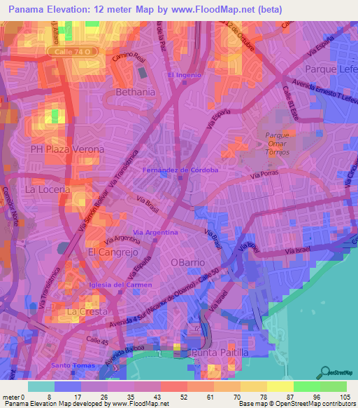 Panama,Panama Elevation Map