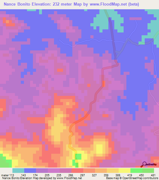 Nance Bonito,Panama Elevation Map