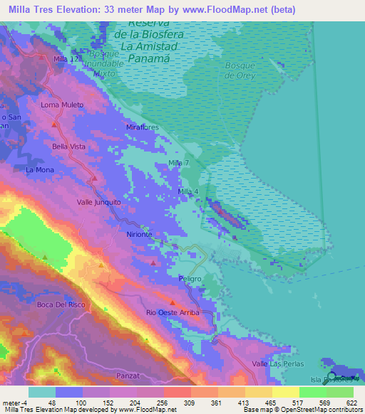 Milla Tres,Panama Elevation Map