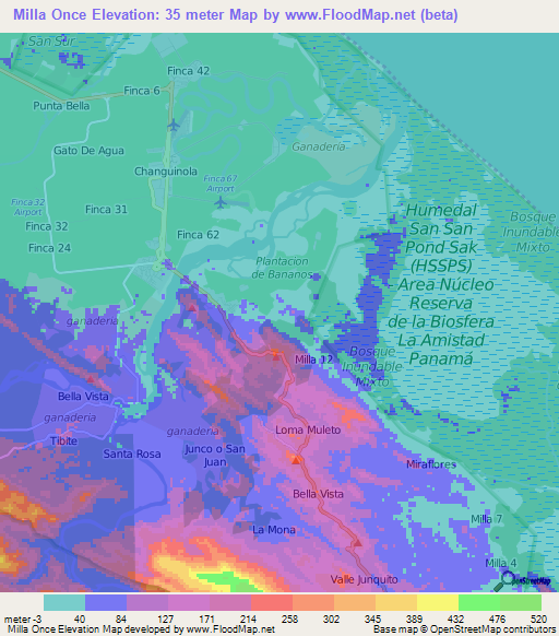 Milla Once,Panama Elevation Map