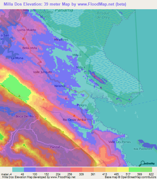 Milla Dos,Panama Elevation Map