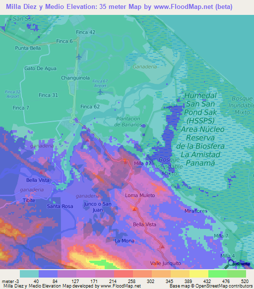 Milla Diez y Medio,Panama Elevation Map