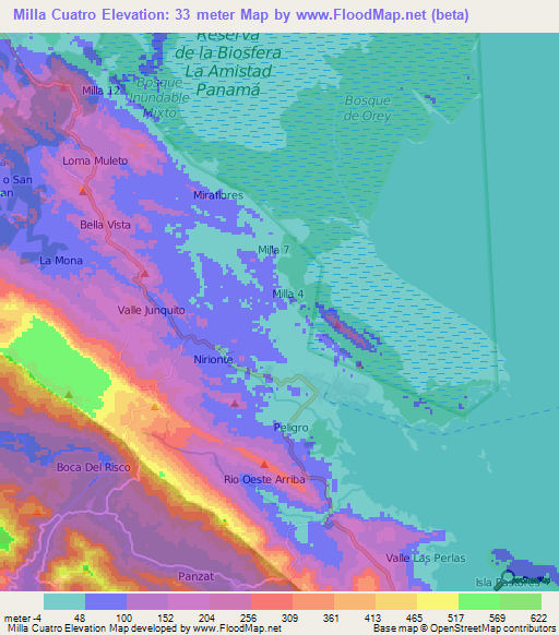 Milla Cuatro,Panama Elevation Map