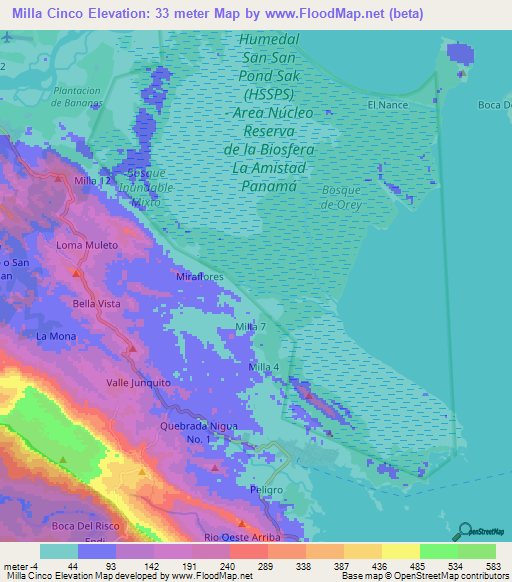 Milla Cinco,Panama Elevation Map