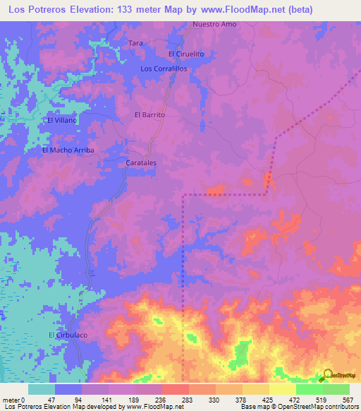 Los Potreros,Panama Elevation Map