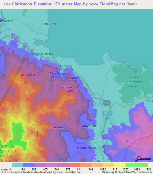 Los Chiricanos,Panama Elevation Map