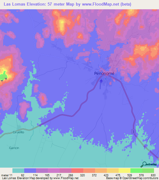 Las Lomas,Panama Elevation Map