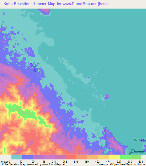 Kuba,Panama Elevation Map