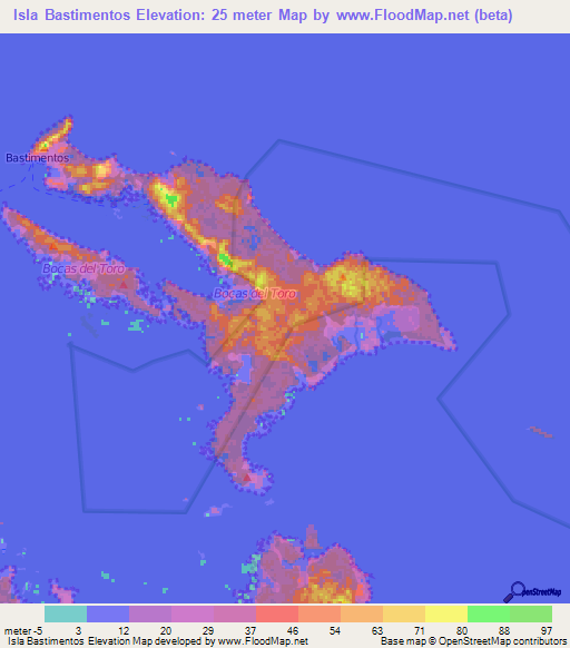 Isla Bastimentos,Panama Elevation Map