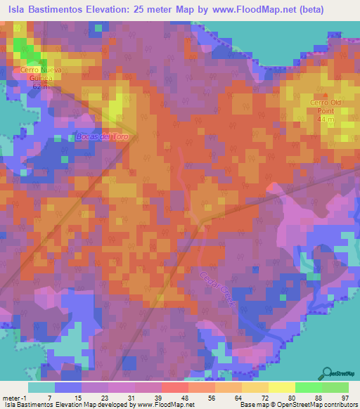Isla Bastimentos,Panama Elevation Map
