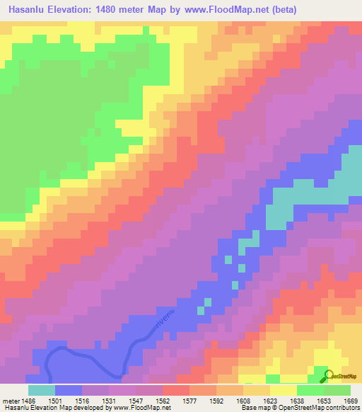 Hasanlu,Iran Elevation Map