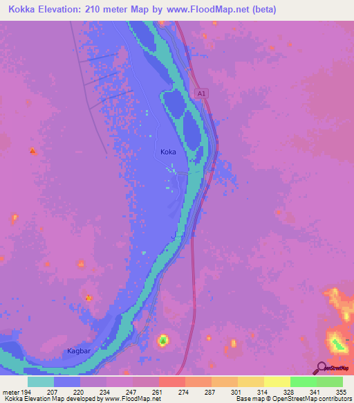 Kokka,Sudan Elevation Map