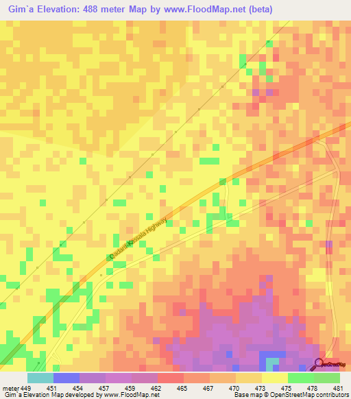 Gim`a,Sudan Elevation Map