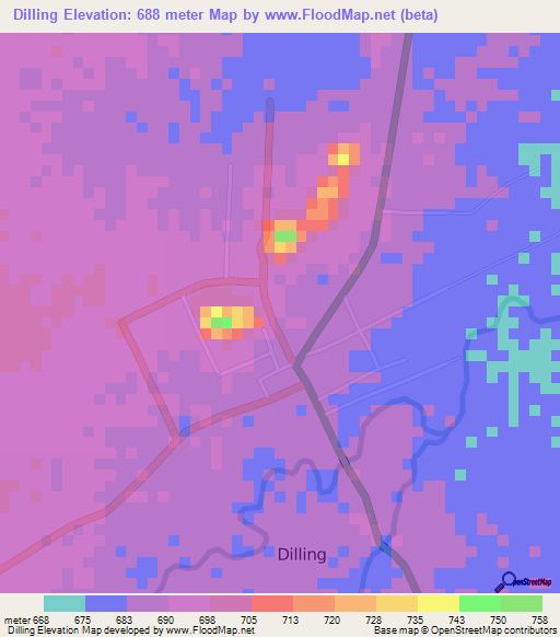 Dilling,Sudan Elevation Map
