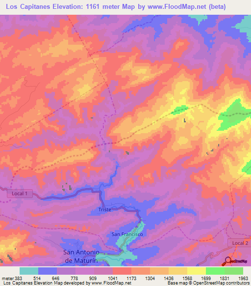 Los Capitanes,Venezuela Elevation Map