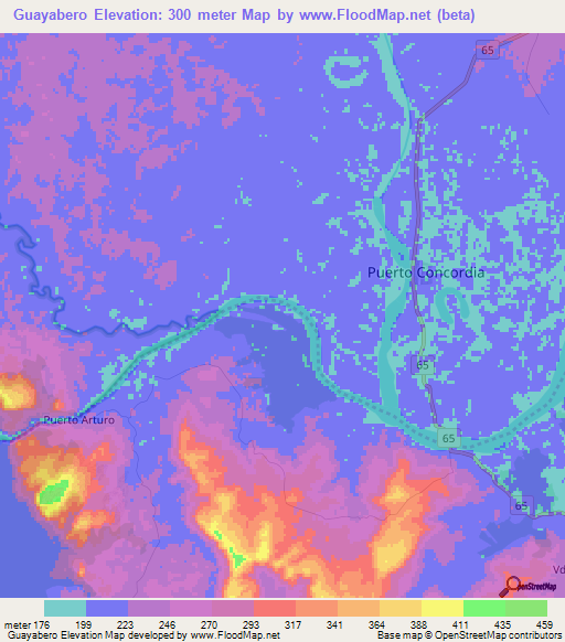 Guayabero,Colombia Elevation Map