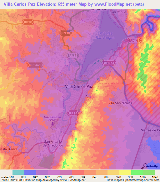 Villa Carlos Paz,Argentina Elevation Map