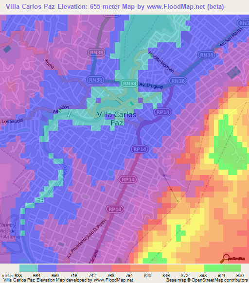 Villa Carlos Paz,Argentina Elevation Map