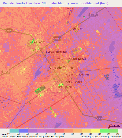 Venado Tuerto,Argentina Elevation Map