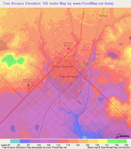 Tres Arroyos,Argentina Elevation Map