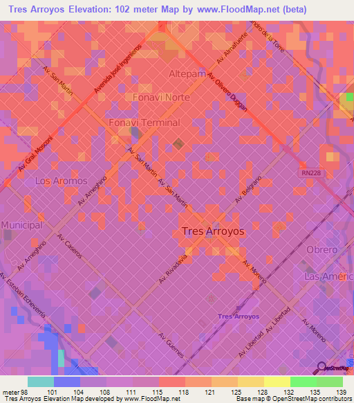 Tres Arroyos,Argentina Elevation Map