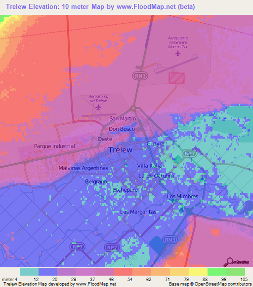 Trelew,Argentina Elevation Map