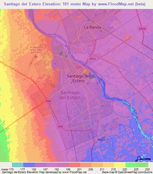 Santiago del Estero,Argentina Elevation Map