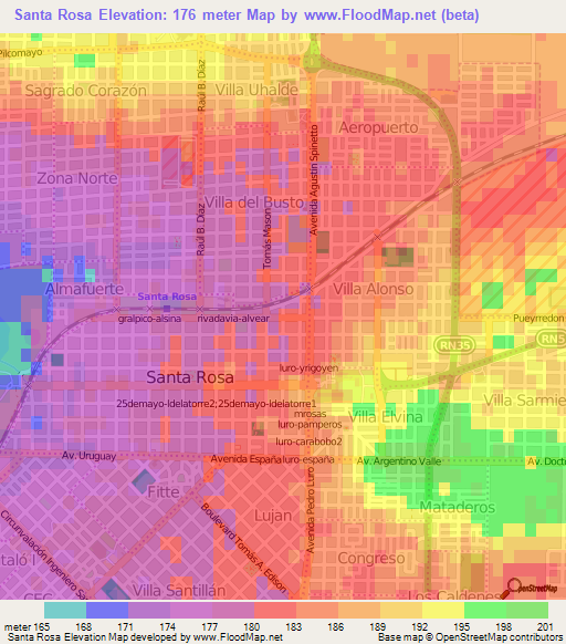 Santa Rosa,Argentina Elevation Map