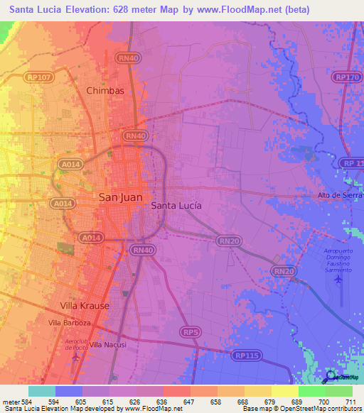 Santa Lucia,Argentina Elevation Map