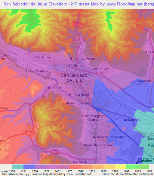 San Salvador de Jujuy,Argentina Elevation Map