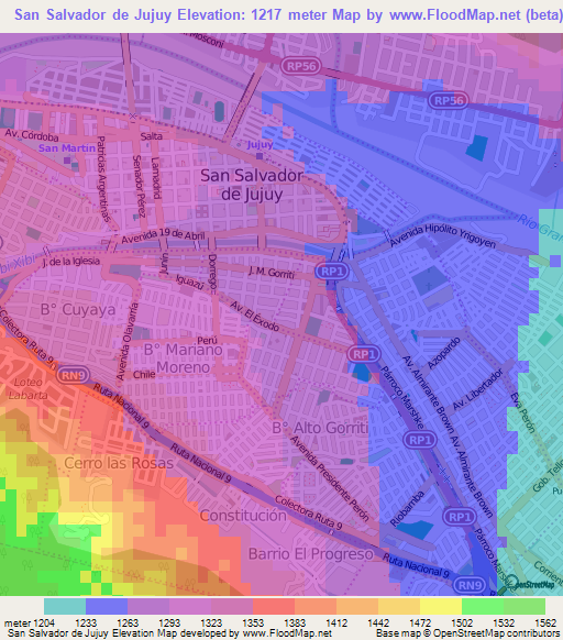 San Salvador de Jujuy,Argentina Elevation Map