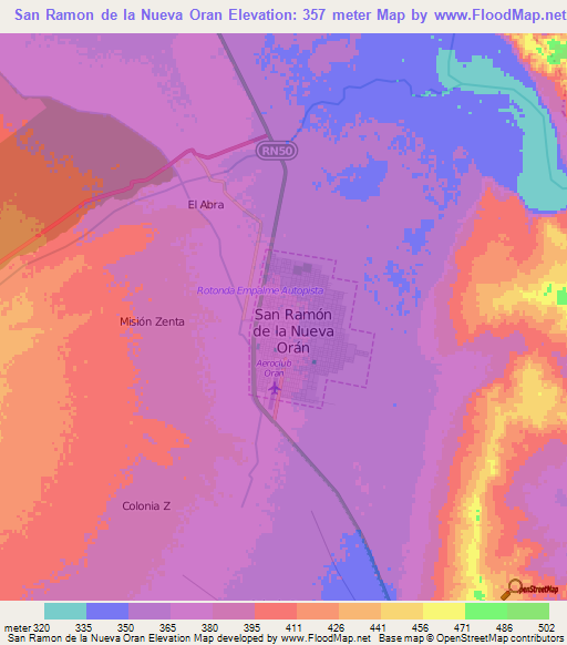 San Ramon de la Nueva Oran,Argentina Elevation Map