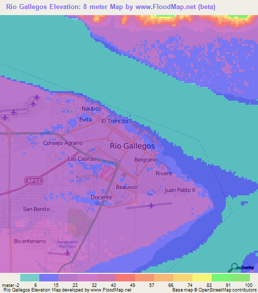 Rio Gallegos,Argentina Elevation Map
