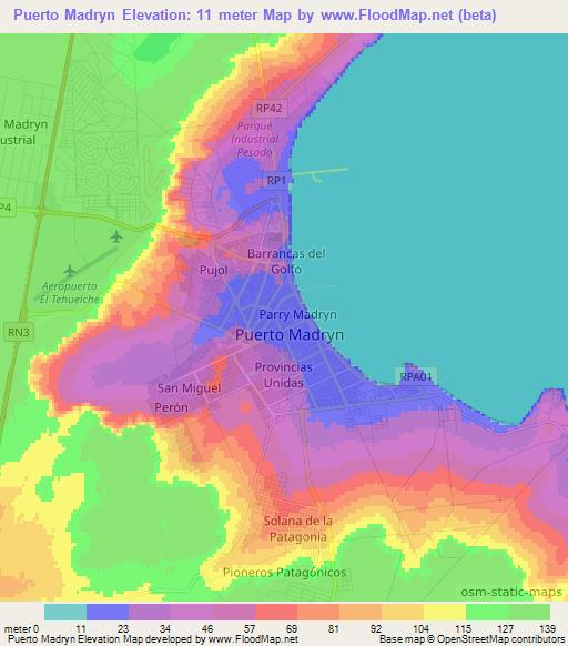Puerto Madryn,Argentina Elevation Map