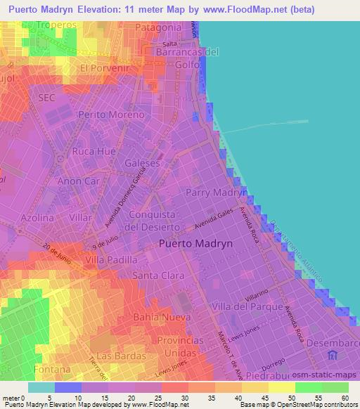 Puerto Madryn,Argentina Elevation Map