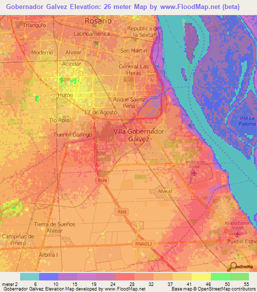 Gobernador Galvez,Argentina Elevation Map