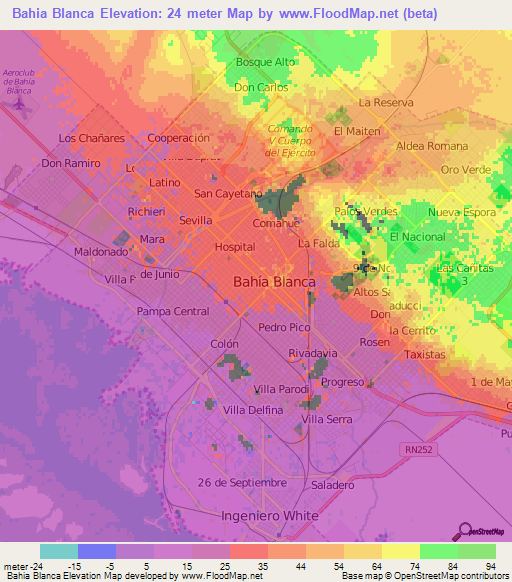 Bahia Blanca,Argentina Elevation Map