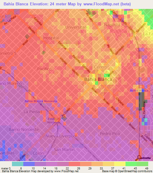 Bahia Blanca,Argentina Elevation Map