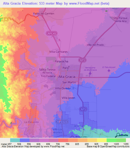 Alta Gracia,Argentina Elevation Map