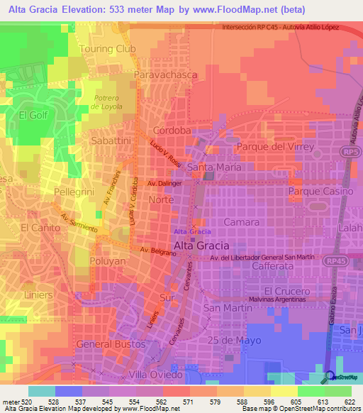 Alta Gracia,Argentina Elevation Map