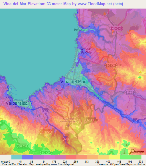 Vina del Mar,Chile Elevation Map