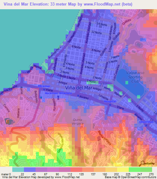 Vina del Mar,Chile Elevation Map