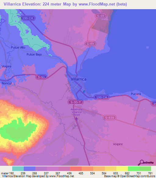 Villarrica,Chile Elevation Map
