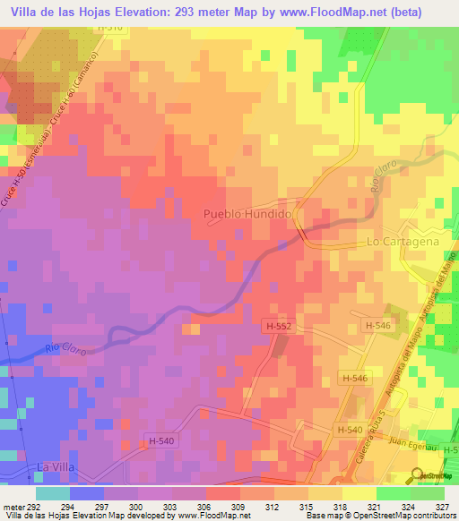Villa de las Hojas,Chile Elevation Map